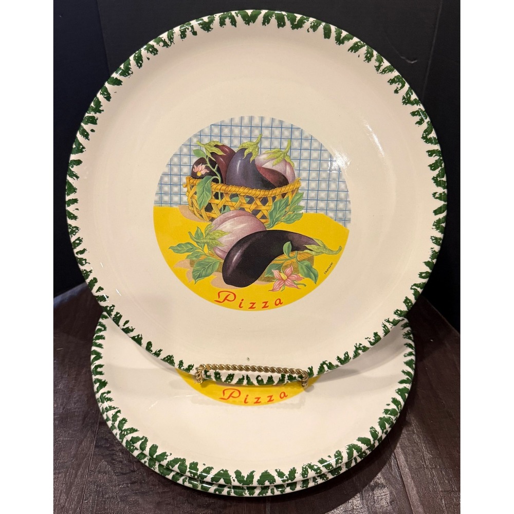 C.M.S. Pizza Plates Plate Green Trim Hand Painted Eggplant Italy Set of 3 NEW